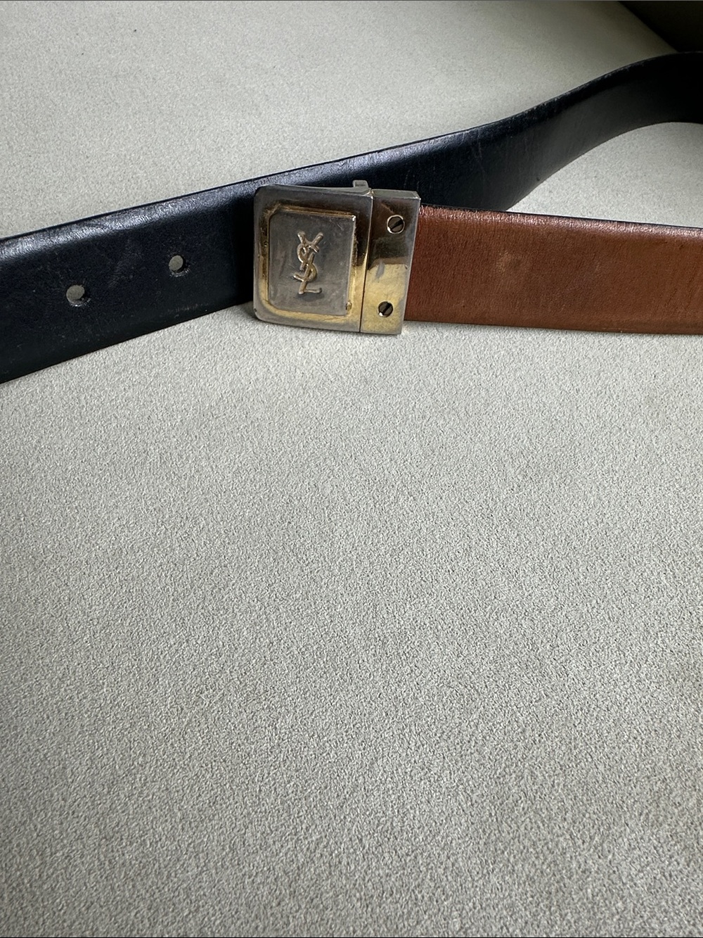 Yves Saint Laurent Black and Brown Leather Reversible Belt with Gold Logo Buckle